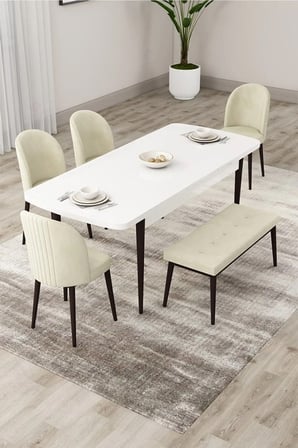 Roe Serisi Açılabilir 80x132 Beyaz Masa Kahverengi Ayak Masa Takımı 4 Krem Sandalye 1 Bench