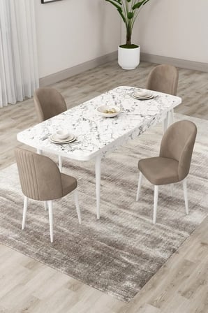 Roe Serisi Açılabilir 80x132 Beyaz Mermer Desen Mutfak Masası Takımı Ve 4 Cappucino Sandalye