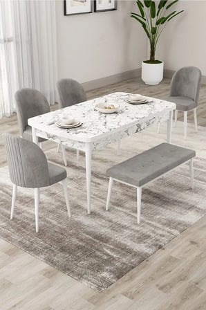 Roe Serisi Açılabilir 80x132 Beyaz Mermer Desen Masa Takımı 4 Gri Sandalye Ve 1 Bench