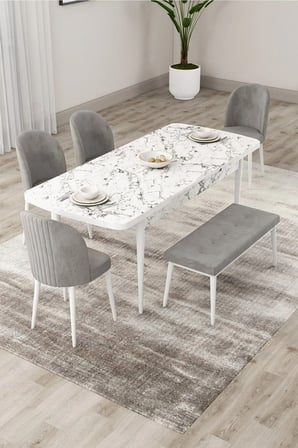 Roe Serisi Açılabilir 80x132 Beyaz Mermer Desen Masa Takımı 4 Gri Sandalye Ve 1 Bench