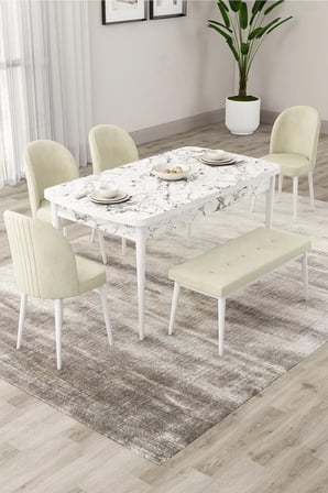Roe Serisi Açılabilir 80x132 Beyaz Mermer Desen Masa Takımı 4 Krem Sandalye Ve 1 Bench