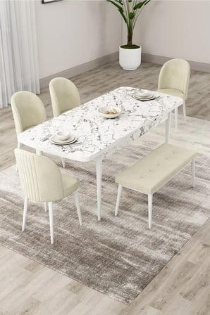 Roe Serisi Açılabilir 80x132 Beyaz Mermer Desen Masa Takımı 4 Krem Sandalye Ve 1 Bench