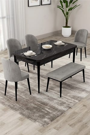 Roe Serisi Açılabilir 80x132 Siyah Mermer Desen Mutfak Masası Takımı 4 Gri Sandalye 1 Bench