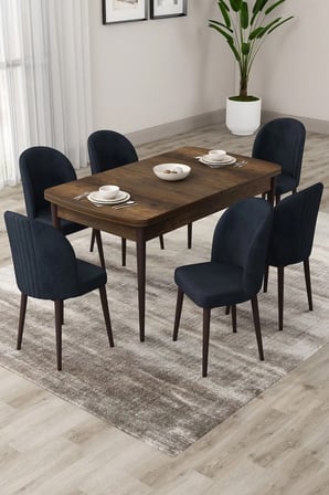 Roe Serisi Açılabilir 80x132 Barok Ahşap Desen Mutfak Masası Takımı Ve 6 Antrasit Sandalye