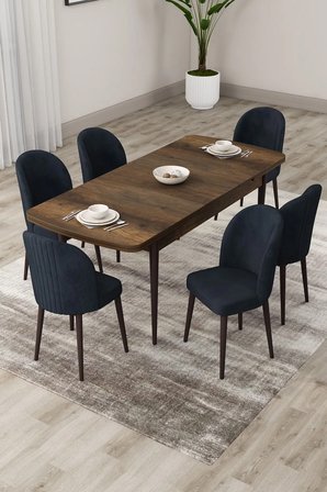 Roe Serisi Açılabilir 80x132 Barok Ahşap Desen Mutfak Masası Takımı Ve 6 Antrasit Sandalye