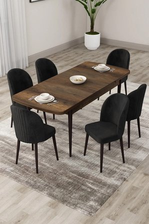 Roe Serisi Açılabilir 80x132 Barok Ahşap Desen Mutfak Masası Takımı Ve 6 Siyah Sandalye