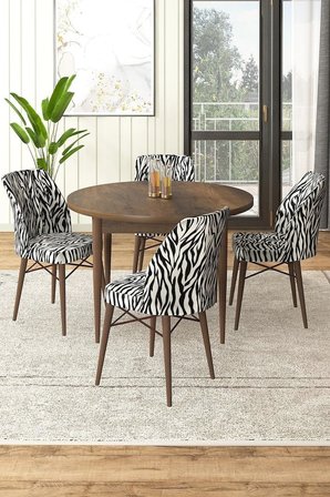 Rox Serisi Yuvarlak 90x90 Barok Ahşap Desen Masa Takımı Ve 4 Zebra Desen Sandalye