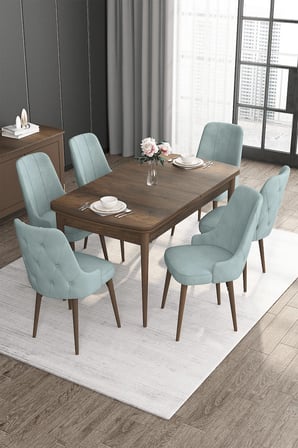 Roy Serisi 80x132 Mdf Barok Ahşap Desen Masa Takımı Ve 6 Su Yeşil Sandalye