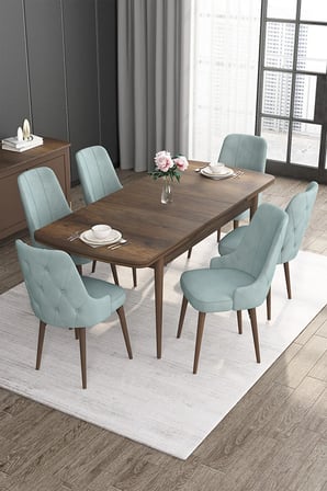 Roy Serisi 80x132 Mdf Barok Ahşap Desen Masa Takımı Ve 6 Su Yeşil Sandalye