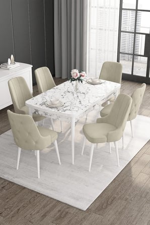 Roy Serisi 80x132 Mdf Beyaz Mermer Desen Masa 6 Krem Sandalye Mutfak Masası Takımı