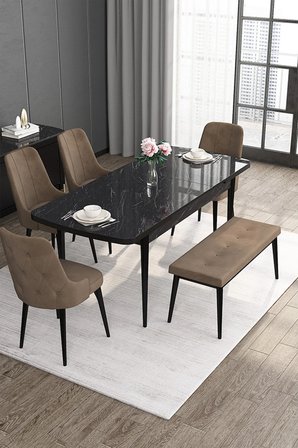 Roy Serisi 80x132 Mdf Siyah Mermer Desen Masa Takımı 4 Kahverengi Sandalye Ve 1 Bench