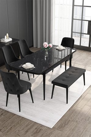 Roy Serisi 80x132 Mdf Siyah Mermer Desen Masa Takımı 4 Siyah Sandalye Ve 1 Bench