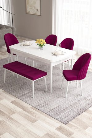 Roz Serisi 80x132 Mdf Beyaz Masa Takımı 4 Mürdüm Sandalye Ve 1 Bench