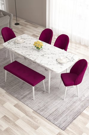 Roz Serisi,80x132 Mdf Açılabilir Beyaz Mermer Desen Masa 4 Mürdüm Sandalye Ve 1 Bench