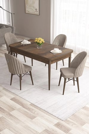 Roz Serisi 80x132 Mdf Barok Ahşap Desen Masa Takımı Ve 4 Adet Cappucino Sandalye