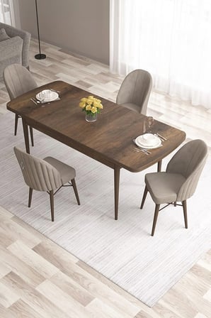 Roz Serisi 80x132 Mdf Barok Ahşap Desen Masa Takımı Ve 4 Adet Cappucino Sandalye