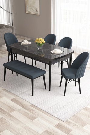 Roz Serisi 80x132 Mdf Açılabilir Siyah Mermer Desen Masa Takımı 4 Antrasit Sandalye Ve 1 Bench