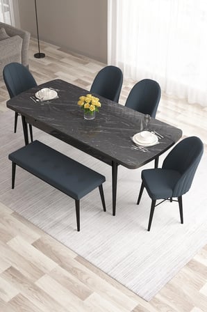 Roz Serisi 80x132 Mdf Açılabilir Siyah Mermer Desen Masa Takımı 4 Antrasit Sandalye Ve 1 Bench