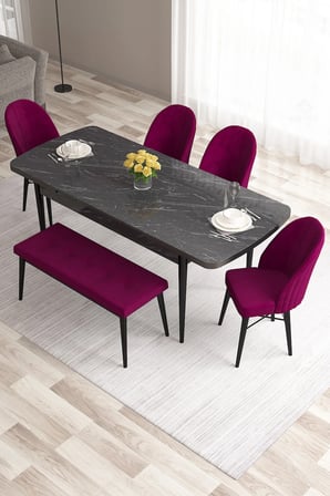 Roz Serisi 80x132 Mdf Açılabilir Siyah Mermer Desen Masa Takımı 4 Mürdüm Sandalye Ve 1 Bench