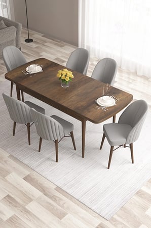 Roz Serisi 80x132 Mdf Açılabilir Barok Ahşap Desen Masa Takımı Ve 6 Adet Gri Sandalye