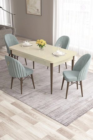 Roz Serisi 80x132 Mdf Açılabilir Krem Masa Ceviz Ayak Masa Takımı Ve 4 Su Yeşili Sandalye