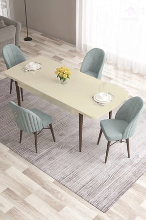 Roz Serisi 80x132 Mdf Açılabilir Krem Masa Ceviz Ayak Masa Takımı Ve 4 Su Yeşili Sandalye