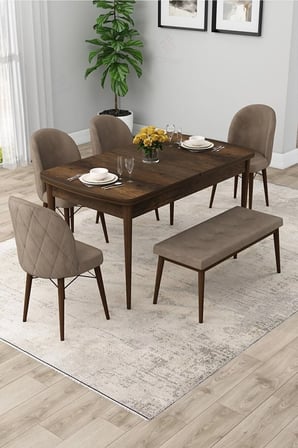 Rut Serisi Açılabilir 80x132 Barok Ahşap Desen Yemek Odası Takımı 4 Cappucino Sandalye 1 Bench