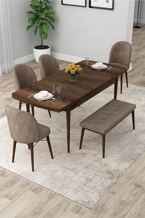 Rut Serisi Açılabilir 80x132 Barok Ahşap Desen Yemek Odası Takımı 4 Cappucino Sandalye 1 Bench