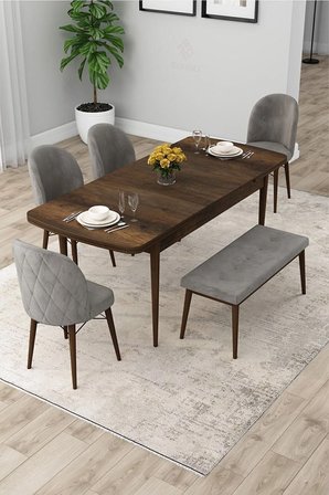 Rut Serisi Açılabilir 80x132 Barok Ahşap Desen Mutfak Masası Takımı 4 Gri Sandalye 1 Bench