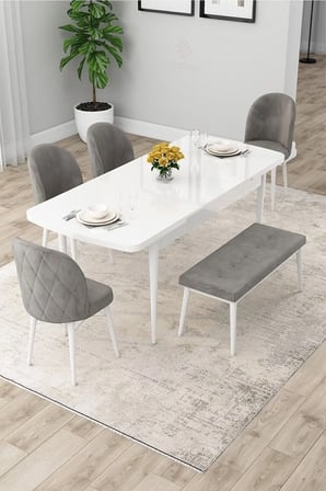Rut Serisi Açılabilir 80x132 Beyaz Masa Ceviz Ayak Mutfak Masası Takımı 4 Capucino Sandalye 1 Bench