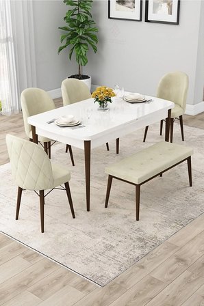 Rut Serisi Açılabilir 80x132 Beyaz Masa Ceviz Ayak Mutfak Masası Takımı 4 Gri Sandalye 1 Bench