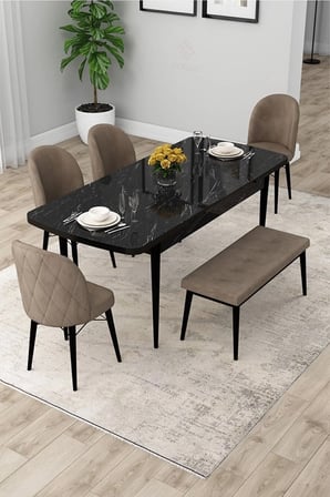 Rut Serisi Açılabilir 80x132 Siyah Mermer Desen Yemek Odası Takımı 4 Cappucino Sandalye 1 Bench