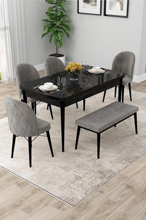 Rut Serisi Açılabilir 80x132 Siyah Mermer Desen Yemek Odası Takımı 4 Gri Sandalye 1 Bench