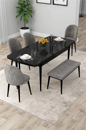 Rut Serisi Açılabilir 80x132 Siyah Mermer Desen Mutfak Masası Takımı 4 Gri Sandalye 1 Bench