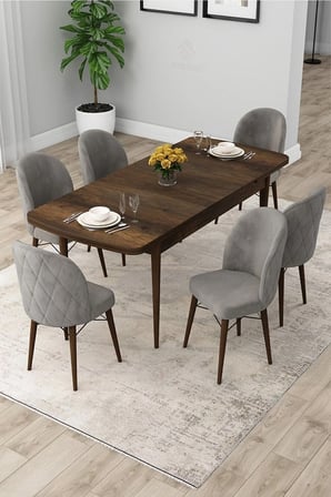 Rut Serisi Açılabilir 80x132 Barok Ahşap Desen Mutfak Masası Takımı ve 6 Gri Sandalye