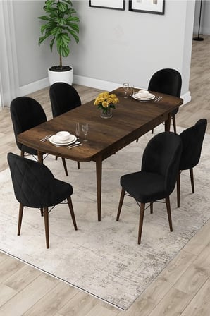 Rut Serisi Açılabilir 80x132 Barok Ahşap Desen Mutfak Masası Takımı ve 6 Siyah Sandalye