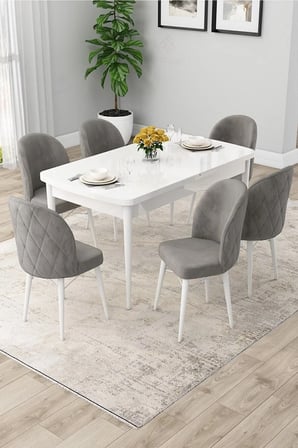 Rut Serisi Açılabilir 80x132 Beyaz Mutfak Masası Takımı Ve 6 Gri Sandalye