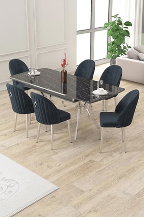 Sim Serisi 89x150 Açılabilir Lak Panel Siyah Mermer Krom Ayak Masa Takımı Ve 6 Antrasit Sandalye
