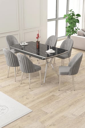 Sim Serisi 89x150 Açılabilir Lak Panel Siyah Mermer Krom Ayak Masa Takımı ve 6 Gri Sandalye