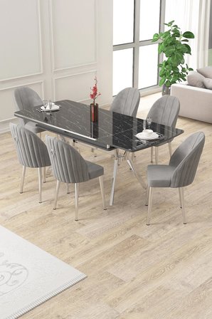 Sim Serisi 89x150 Açılabilir Lak Panel Siyah Mermer Krom Ayak Masa Takımı ve 6 Gri Sandalye