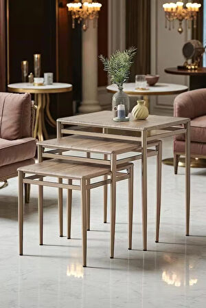 Damrin Serisi Ceviz Desen 1. Sınıf Mebran MDF Bronz Ayak 3’lü Zigon Sehpa Takımı