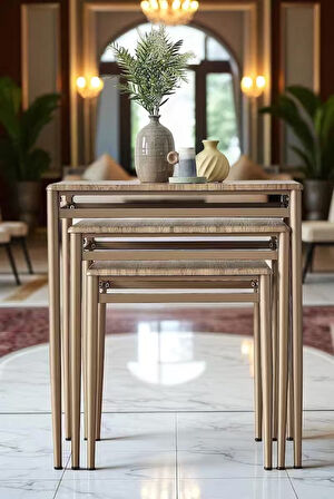 Damrin Serisi Ceviz Desen 1. Sınıf Mebran MDF Bronz Ayak 3’lü Zigon Sehpa Takımı