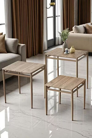 Damrin Serisi Ceviz Desen 1. Sınıf Mebran MDF Bronz Ayak 3’lü Zigon Sehpa Takımı