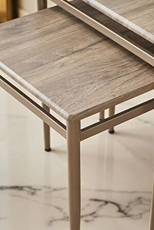 Damrin Serisi Ceviz Desen 1. Sınıf Mebran MDF Bronz Ayak 3’lü Zigon Sehpa Takımı