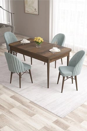 Ves Serisi 80x132 MDF Açılabilir Barok Ahşap Desen Mutfak Masa Takımı 4 Su Yeşili Sandalye