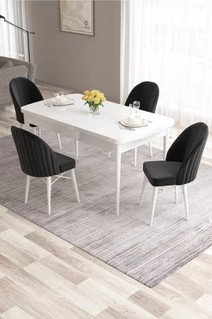 Ves Serisi 80x132 MDF Açılabilir Beyaz Mutfak Masası Takımı 4 Siyah Sandalye