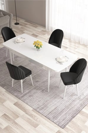 Ves Serisi 80x132 MDF Açılabilir Beyaz Mutfak Masası Takımı 4 Siyah Sandalye