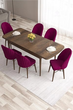 Ves Serisi 80x132 Mdf Barok Ahşap Desen Mutfak Masa Takımı 6 Mürdüm Sandalye
