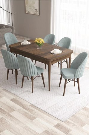 Ves Serisi 80x132 Mdf Barok Ahşap Desen Mutfak Masa Takımı 6Lacivert Sandalye