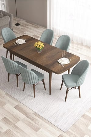 Ves Serisi 80x132 Mdf Barok Ahşap Desen Mutfak Masa Takımı 6Lacivert Sandalye